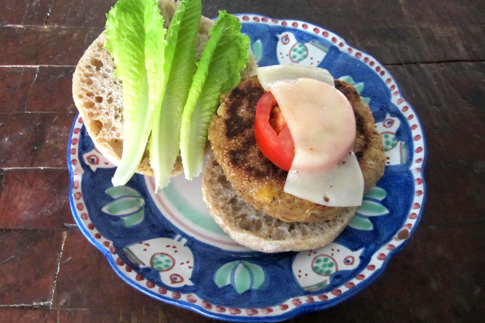 garbanzo wheat burgers with lettuce, tomato, and cheese